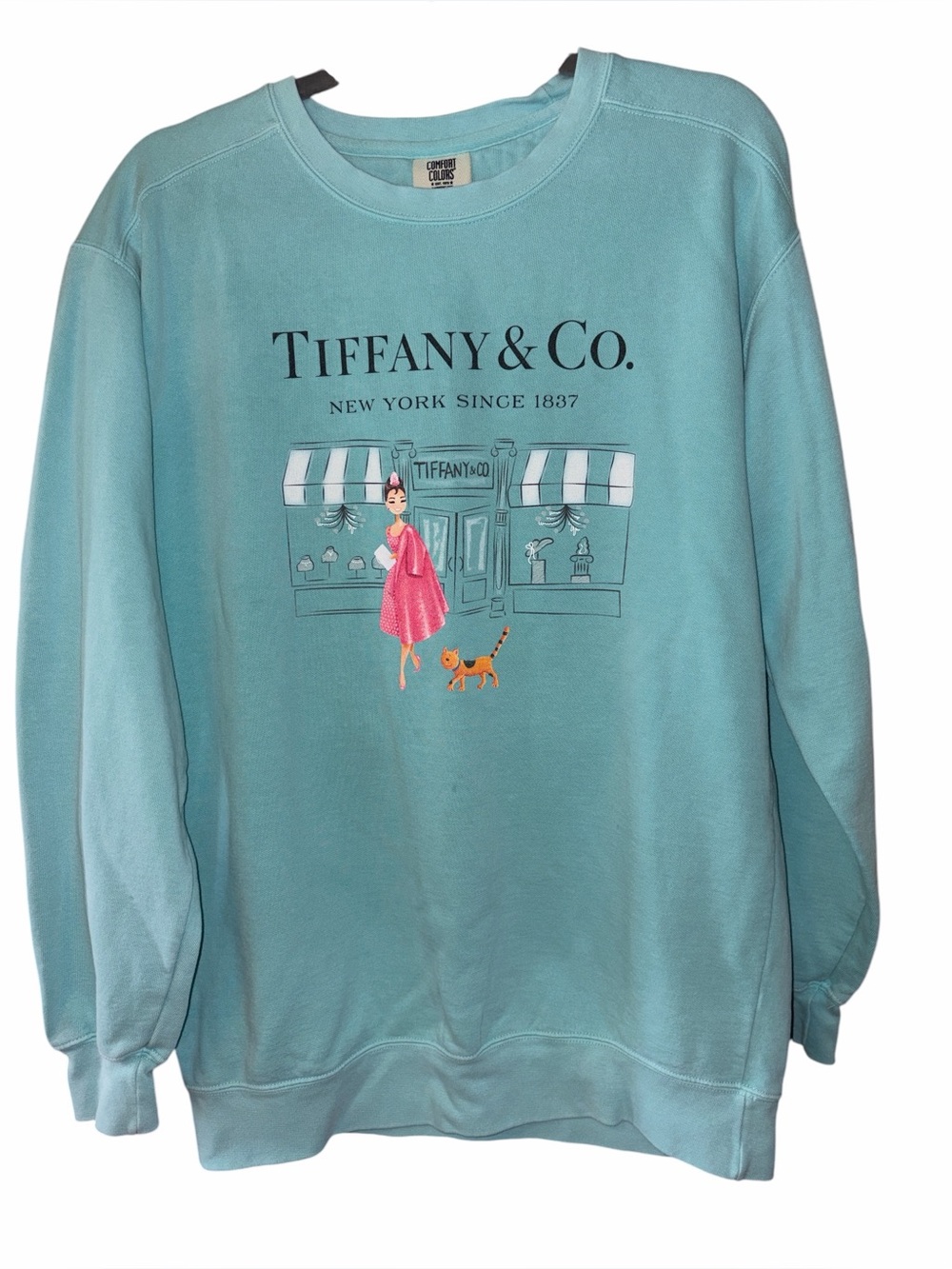 Tiffany & Co. Aqua Crewneck Sweatshirt with Pink Illustration Comfort Colors M